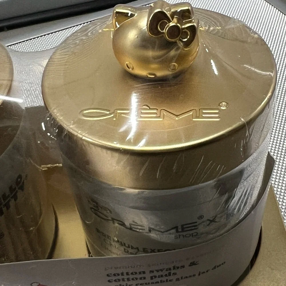 Hello Kitty + Crème Shop glass bottles vanity gold tray w/Qtips & Cotton balls